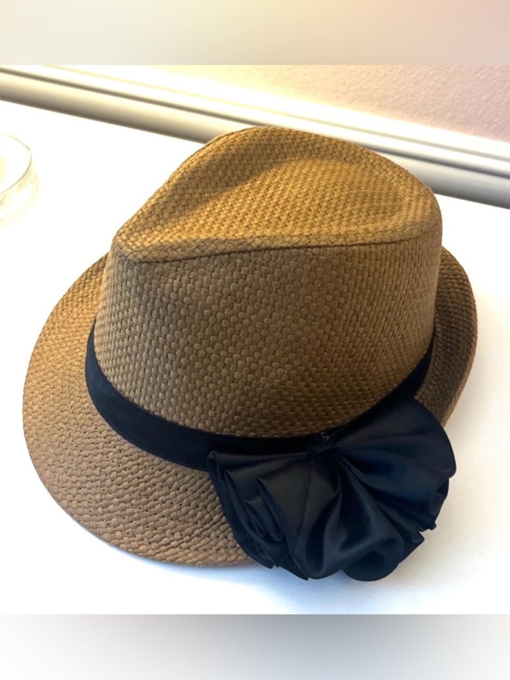 Summer Straw Fedora Hat Black Bow Wide Brim Resort
